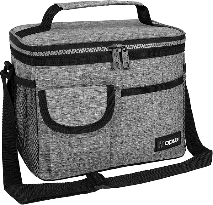 opux Insulated Lunch Bag for Men Women, Leakproof Heather Gray Lunch Box for Work, Portable Soft Lunch Cooler Bag with Shoulder Strap, Adult Lunchbox Lunch Pail for Kid Boy Girl School, 14 Can/8L