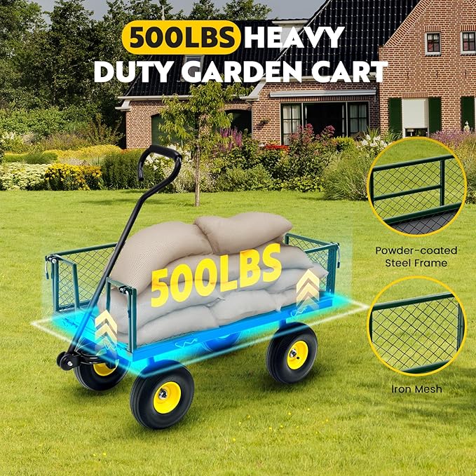 Steel Garden Cart, 2-in-1 Heavy Duty Utility Wagon 500 LBS Capacity Carts with Removable Mesh Sides to Convert into Flatbed, 240° U-Turn 10" Pneumatic Tires Garden Wagon for Lawn Camping Farm Yard