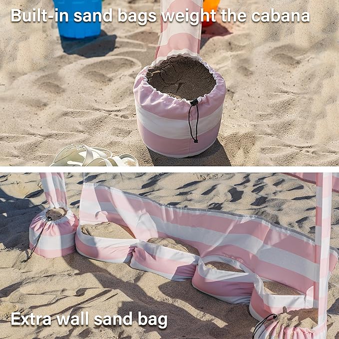 AMMSUN Beach Cabana, 6.2'×6.2' Beach Canopy, Easy Set up and Take Down, Cabana Tent with Sand Pockets, Instant Sun Shade with Side Wall, Elegant Pink