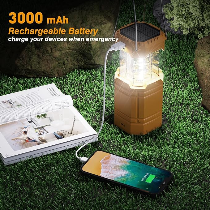 3000 Large Capacity Hand Crank Solar Camping Lantern, Portable Ultra Bright LED Torch, 23-26 Hours Running Time, USB Charger, Electronic Lantern for Outdoor