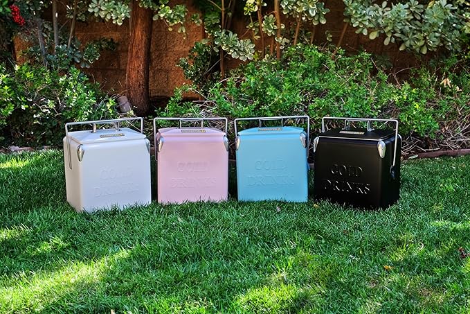 Permasteel 14-Qt Small Retro Vintage Ice Chest - Hard Metal Portable Beverage Cooler for Camping, Beach, and Picnic - Classic Style Personal Cooler, Pink