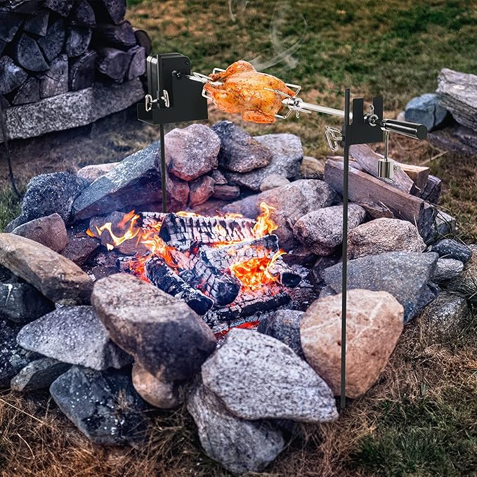 onlyfire Barbecue Rotating Cordless Dual Post Open Fire Spit Rotisserie Grill System with 38 Inch Spit Rod