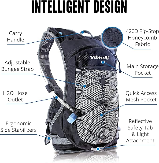 Vibrelli Hydration Backpack & 2L Hydration Bladder - High Flow Bite Valve - Hydration Pack for Cycling, Running, Hiking