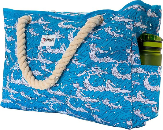 SHYLERO Beach Bag and Pool Bag. Has Airtight Pouch, Ton of Pockets. Beach Tote is Zippered, Water Resistant. Family Size