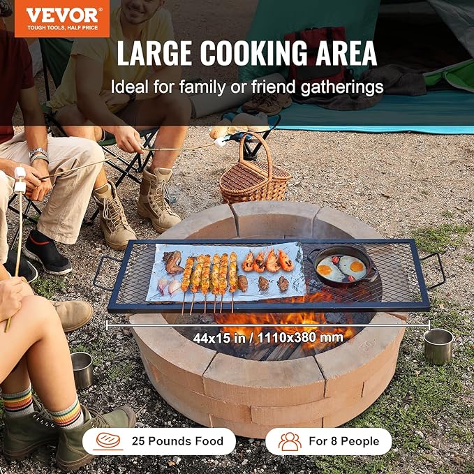 VEVOR X-Marks Fire Pit Grill Grate, Rectangle Cooking Grate, Heavy Duty Steel Campfire BBQ Grill Grid with Handle & Support X Wire, Portable Camping Cookware for Outside Party Gathering, 44 Inch Black