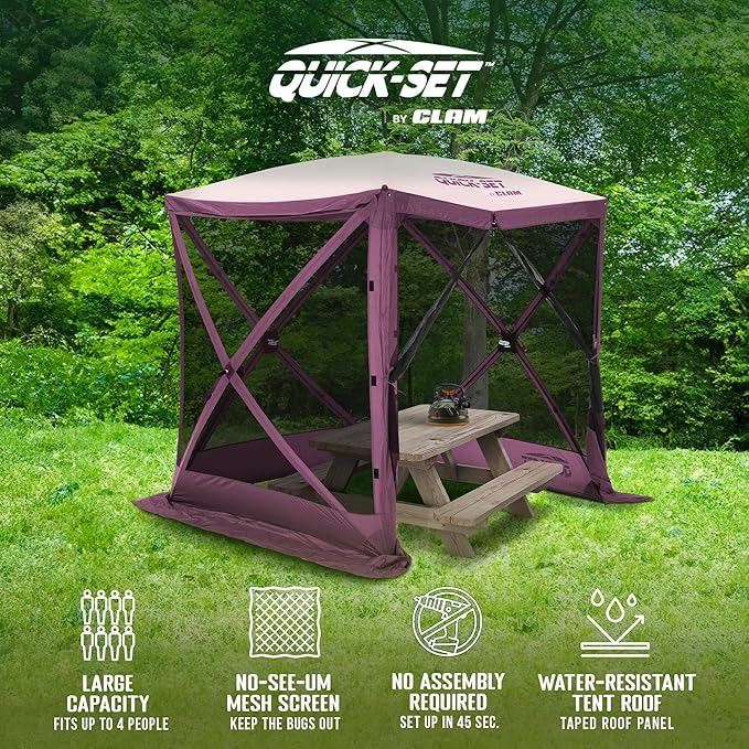 CLAM Pop Up Screen Tent, Outdoor Camping Gazebo Canopy, Traveler, 6' x 6', Plum