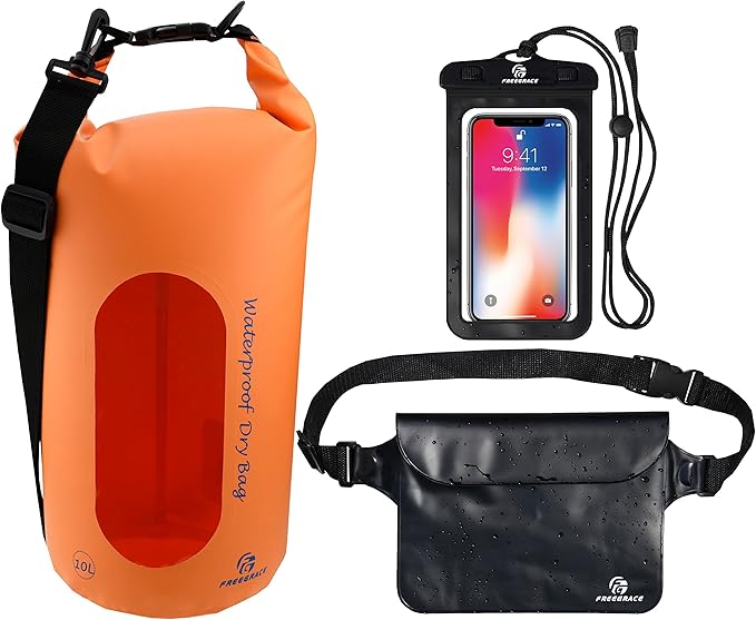Waterproof Dry Bags Set of 3 Dry Bag with 2 Zip Lock Seals & Detachable Shoulder Strap, Waist Pouch & Phone Case - Can Be Submerged Into Water - for Swimming (Orange(Window), 5L)