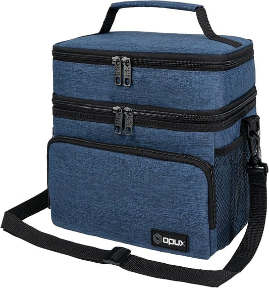 opux Insulated Lunch Bag for Men Women, Large Dual Compartment Cooler Bag, Soft Two Deck Lunch Box for Work School Picnic, Leakproof Lunch Tote with Shoulder Strap for Kid Adult (Navy, Double Deck)