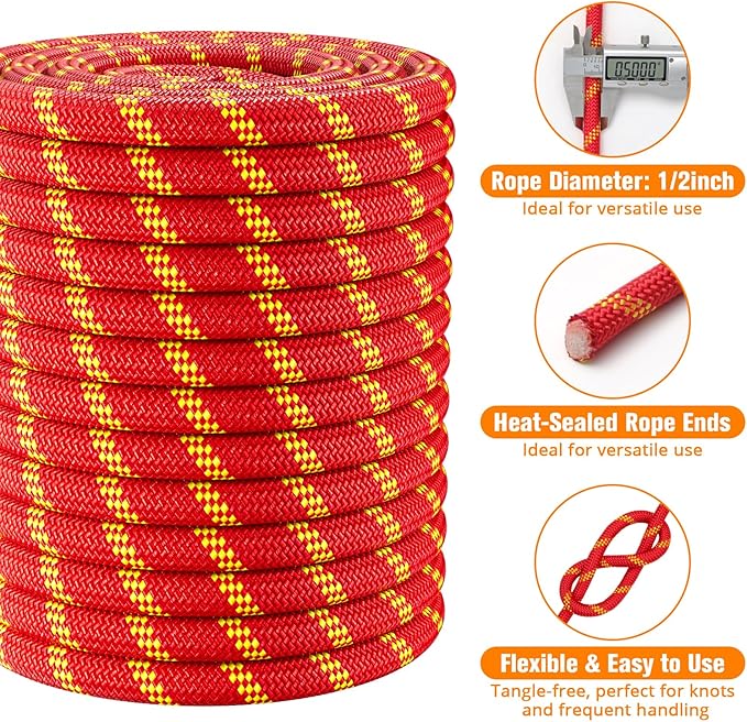 Double Braided Arborist Rigging Rope - 1/2 in X 100 ft 48 Strands Outdoor Pulling Heavy Duty Polyester Bull Rope for Swing Tree Work Camping Rescue Hiking - Red