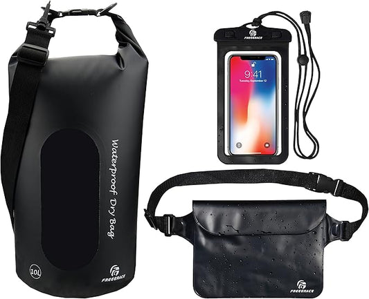 Waterproof Dry Bags Set Of 3 Dry Bag With 2 Zip Lock Seals & Detachable Shoulder Strap, Waist Pouch & Phone Case - Can Be Submerged Into Water - For Swimming (Black(Window), 5L)