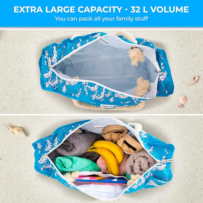 SHYLERO Beach Bag and Pool Bag. Has Airtight Pouch, Ton of Pockets. Beach Tote is Zippered, Water Resistant. Family Size