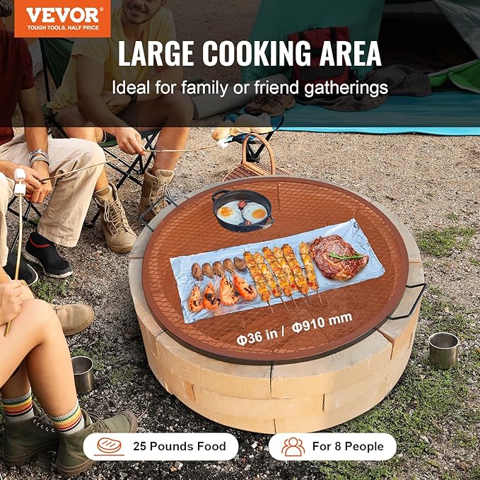 VEVOR X-Marks Fire Pit Grill Grate, Round Cooking Grate, Heavy Duty Steel Campfire BBQ Grill Grid with Handle and Support X Wire, Portable Camping Cookware for Outside Party & Gathering, 36 Inch Black