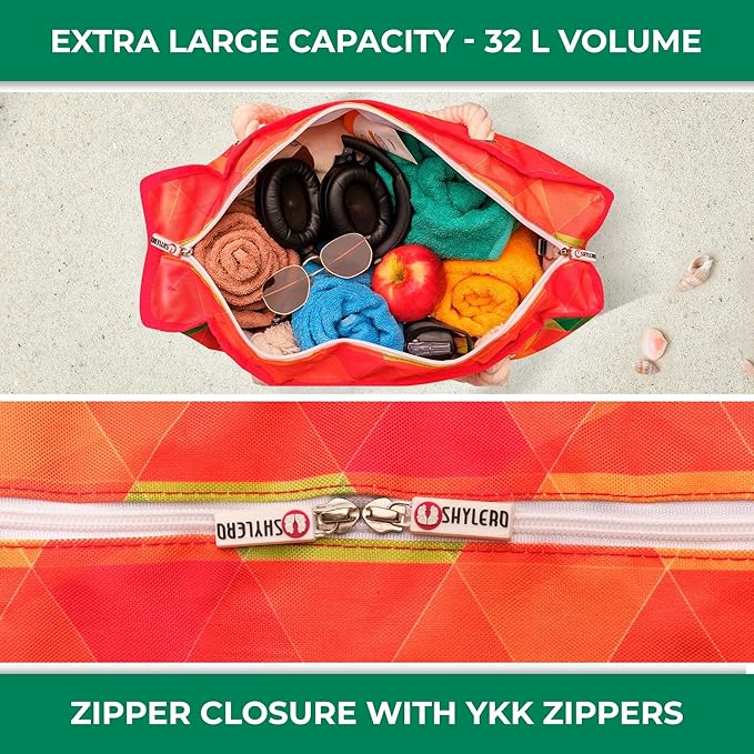 SHYLERO Beach Bag and Pool Bag. Has Airtight Pouch, Ton of Pockets. Beach Tote is Zippered, Water Resistant. Family Size