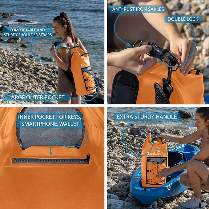 EARTH&RIVER Premium Dry Bag Backpack, Extra Thick, Protection for All Water Activities & Camping, Floating Lightweight Dry Bag with Inside Pocket Storage & IPX8 Waterproof Phone Case (Orange, 30L)
