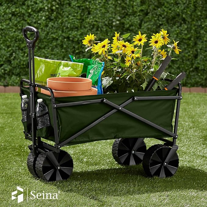 Seina 150 Pound Capacity Heavy Duty Steel Frame Collapsible Folding Outdoor Portable Utility Cart Wagon with All Terrain Plastic Wheels, Green