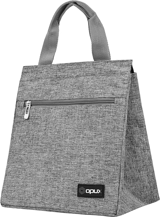 opux Lunch Bag for Women, Insulated Lunch Box Tote for Girls Kids Adult School Work, Reusable Womens Lunch Tote for Office Travel, Cute Small Lunch Tote, Fits 12 Cans - Heather Gray