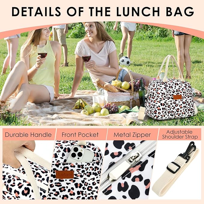 LOKASS Lunch Box for Women-Insulated Adults Lunch Bag with Removable Shoulder Strap&Front Pocket，Cute Lunch Tote for Work-Reusable Leopard Print Cooler Bag for Office Picnic Beach or Travel