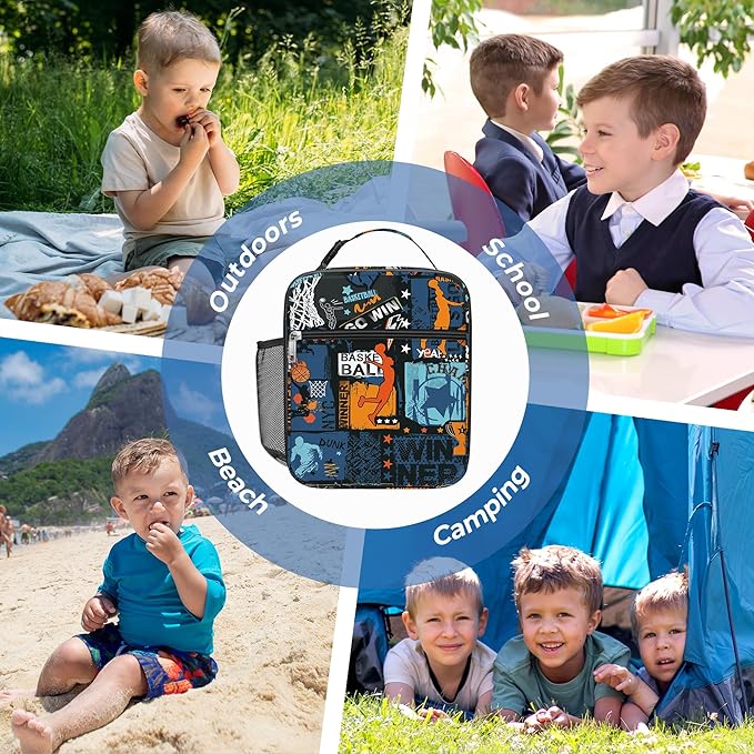 Clastyle Black Street Basketball Insulated Lunch Bag for Kids, Portable Large Thermal Cooler Lunch Bag for Boys, School Lunch Box Bag with Bottle Holder