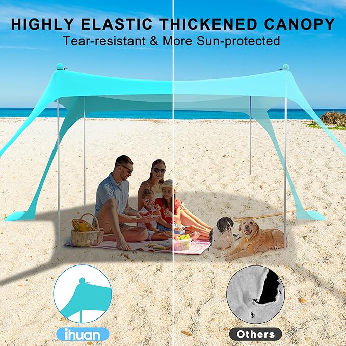 ihuan Beach Tent Sun Shelter 11X11FT UPF50+ with 4 Aluminum Foldable Poles, Easy Setup Outdoor Shade Canopy for 8 Person, Cool Cabana for Fishing, Family Trips, Backyard Picnics
