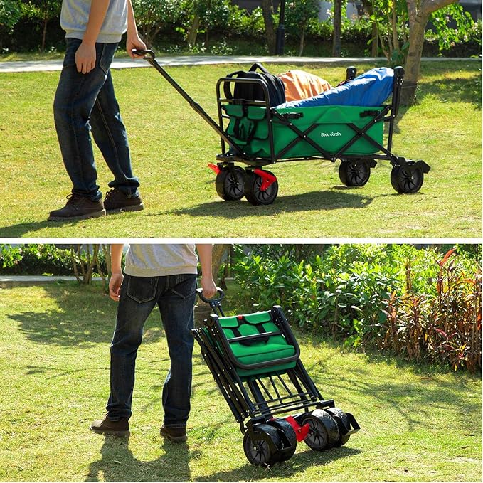 BEAU JARDIN Collapsible Foldable Push Pull Folding Beach Wagon 350lbs Heavy Duty Utility Camping Grocery Garden Sport Shopping Wagon Cart with All Terrain Big Sand Wheels and Brakes Green