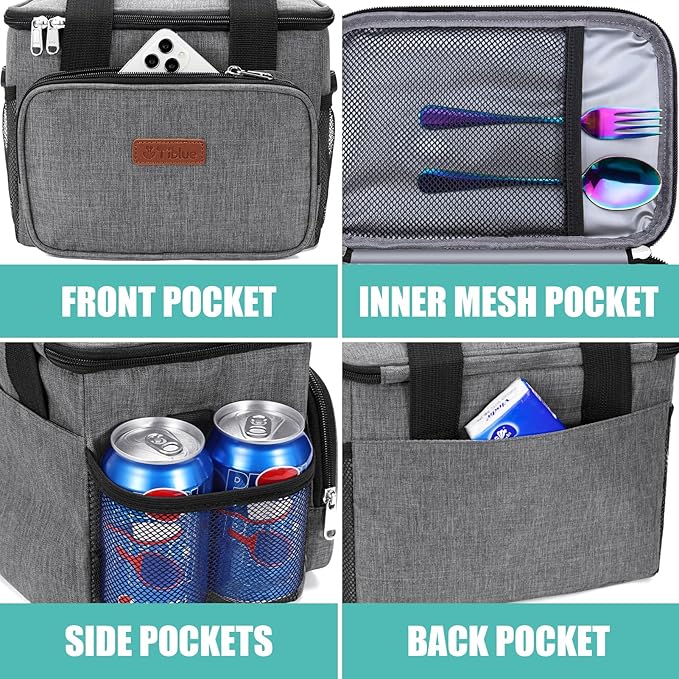 Tiblue Insulated Reusable Lunch Box for Office Work School Picnic Beach, Leakproof Freezable Cooler Bag with Adjustable Shoulder Strap (Medium, Dark Grey)