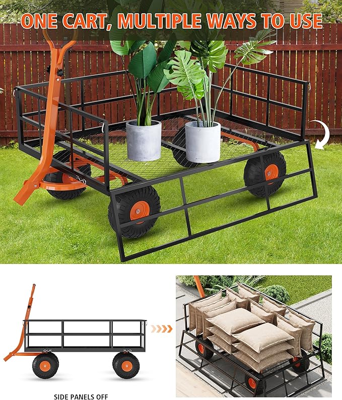 Heavy Duty 1200 Lbs Capacity Steel Garden Cart, Metal Utility Garden Carts and Wagons, with Removable Mesh Sides to Convert Into Flatbed, 2-In-1 Handle and 13" Tires