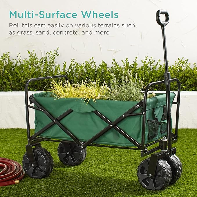 Best Choice Products 36in Collapsible Folding Utility Wagon, Multipurpose Indoor Outdoor Mobile Cart for Garden, Beach, Park, Shopping w/ 360-Degree Wheels, Adjustable Handle, 150lb Capacity - Green