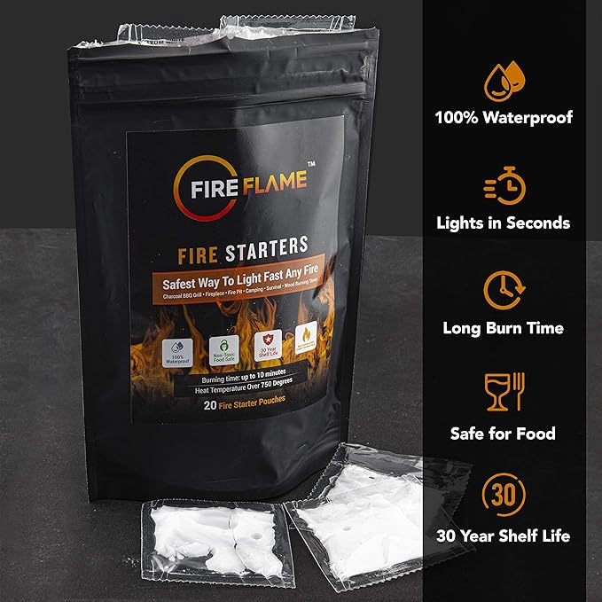 Fireflame Quick Instant Fire Starter - 100% Waterproof All-Purpose Indoor & Outdoor Firestarter, for Charcoal Starter, Campfire, Fireplace, BBQ - Odorless and Non-Toxic - 40 Pouches in Canister