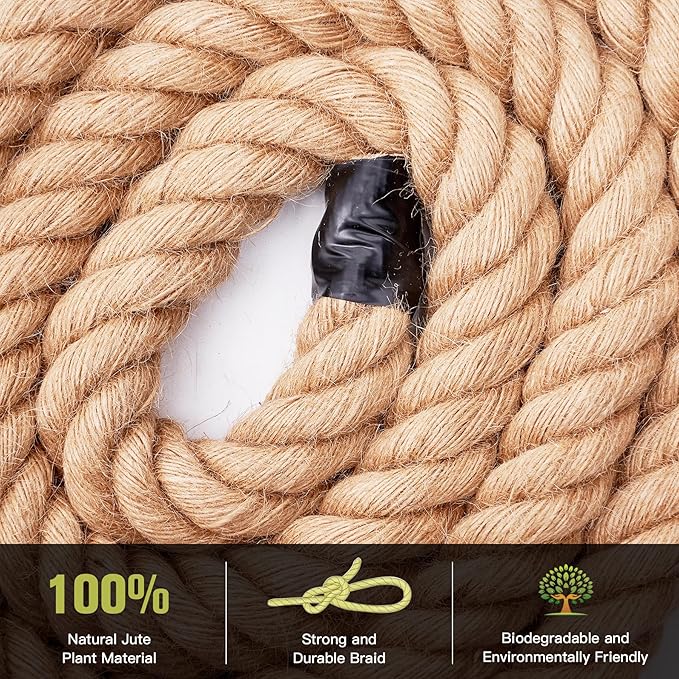 Jute Rope Heavy Duty 2 Inch 50 Feet, Natural Hemp Rope, Twisted Hemp Rope for Crafts, Gardening, Bundling, Climbing, Hammock, Nautical rope, Tug of War rope, Railings, Home Decorating (2 Inch×50 Feet)