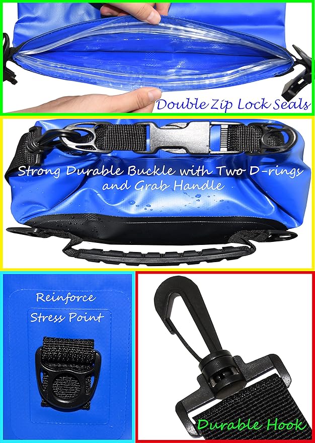 Waterproof Dry Bags Set of 3 Dry Bag with 2 Zip Lock Seals & Detachable Shoulder Strap, Waist Pouch & Phone Case - Can Be Submerged Into Water (Navy Blue, 20L)