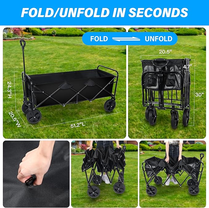 YSSOA Heavy Duty Folding Portable Hand Cart with Removable Canopy, 8'' Wheels, Adjustable Handles and Double Fabric for Shopping, Picnic, Beach, Camping