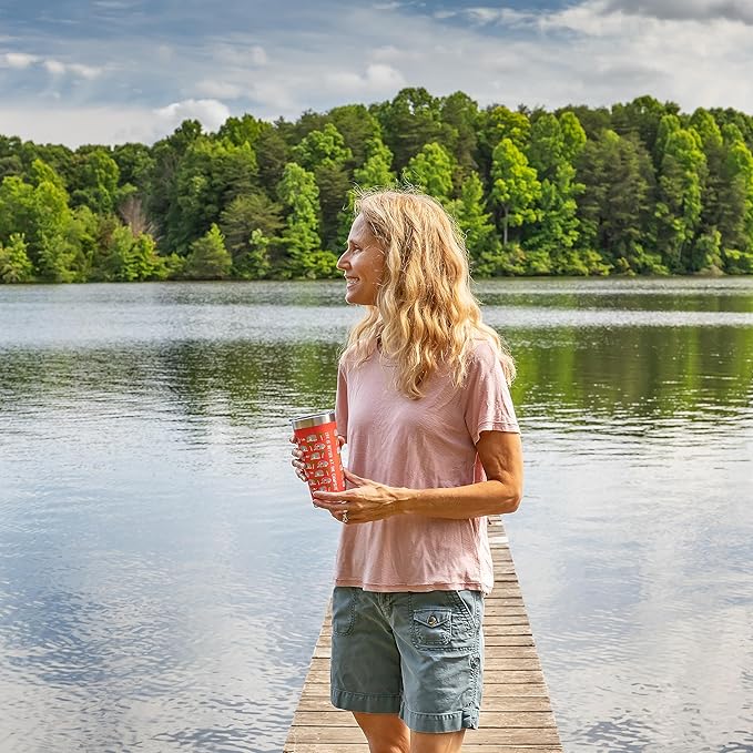 Camco Life is Better at The Campsite Tumbler | Heavy Duty Double Wall Vacuum Insulation | Crafted of 18/8 Stainless Steel | Unique Palm Tree & RV Design on Pink Background | 20-oz (53322)