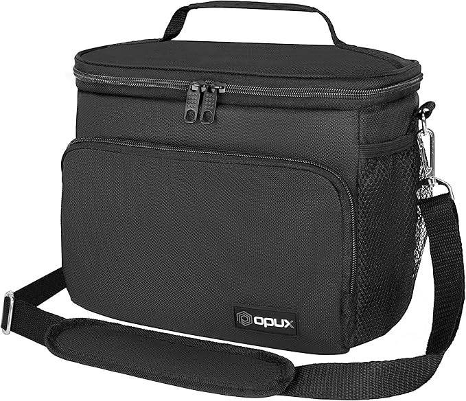 opux Insulated Lunch Bag for Men Women, Soft Lunch Box for Office Work School Picnic, Leakproof Lunch Cooler Bag with Shoulder Strap for Kid Adult Boy Girl, Medium Lunchbox Lunch Tote (Black)