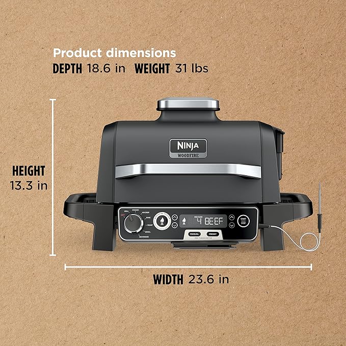 Ninja Woodfire Pro 7-in-1 Grill & Smoker with Thermometer, Air Fryer, BBQ, Bake, Roast, Broil - Portable Electric Outdoor Grill, Grey