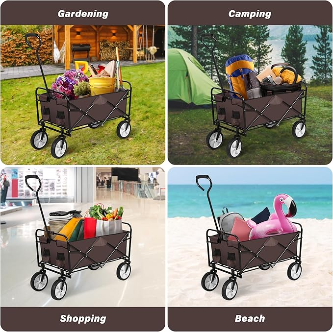 YSSOA Rolling Collapsible Garden Cart Camping Wagon, with 360 Degree Swivel Wheels & Adjustable Handle, 220lbs Weight Capacity,Brown