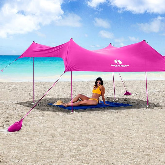 Red Suricata Family Beach Tent & Canopy, UPF50 Sun Shade, 4 Aluminum Poles, Sand Shovel, Large Portable Sun Shelter