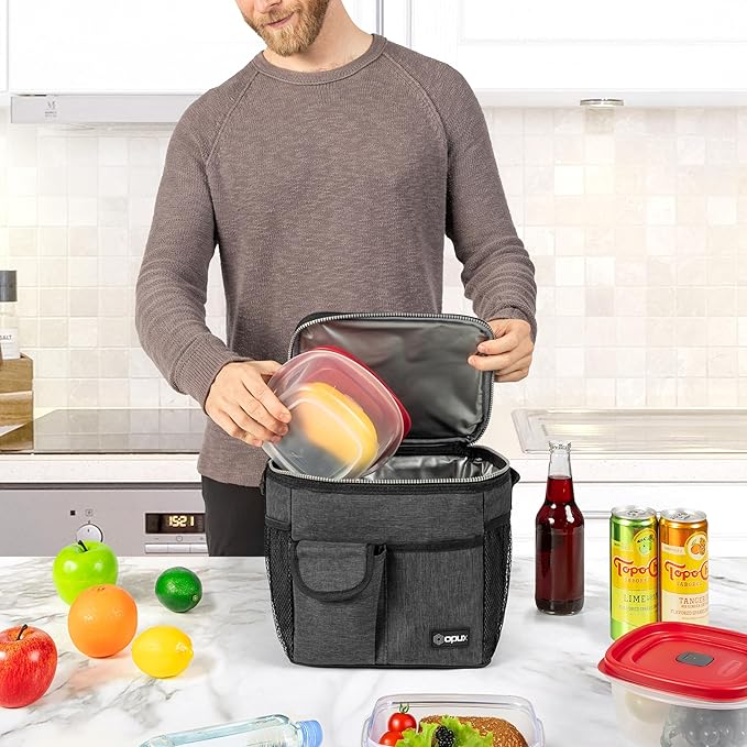 opux Insulated Lunch Bag for Men Women, Leakproof Charcoal Grey Lunch Box for Work, Portable Soft Lunch Cooler Bag with Shoulder Strap, Adult Lunchbox Lunch Pail for Kid Boy Girl School, 18 Can/10L