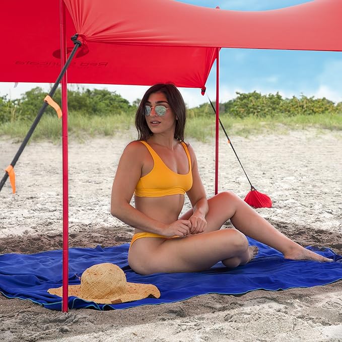Red Suricata Family Beach Tent & Canopy, UPF50 Sun Shade, 4 Aluminum Poles, Sand Shovel, Large Portable Sun Shelter