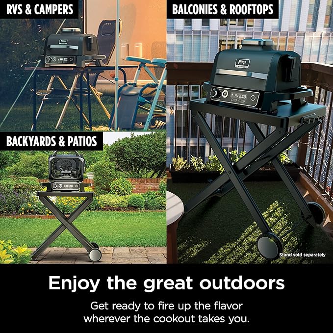 Ninja | Woodfire Series | 7-in-1 (Grill, BBQ, Roast, Air Fry, Dehydrate, Broil, Smoke) | Portable & Weather Resistant | Cook Up To 6 Steaks & 30 Hot Dogs | Woodfire Pellets included | OG701