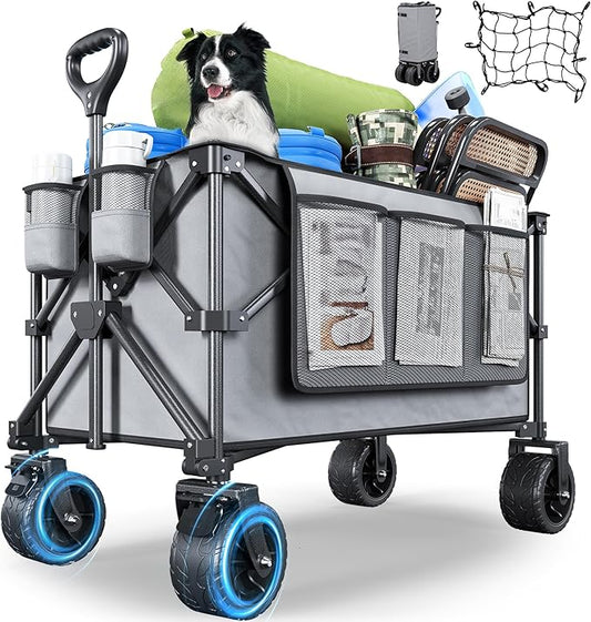 YITAHOME 300Lbs Large Collapsible Foldable Wagon, Heavy Duty Beach Wagon Cart Utility Wagon with 3.2in Wide All Terrain Wheels, Side Pocket, Cup Holder, Mesh Cover for Sports, Shopping, Camping - Gray