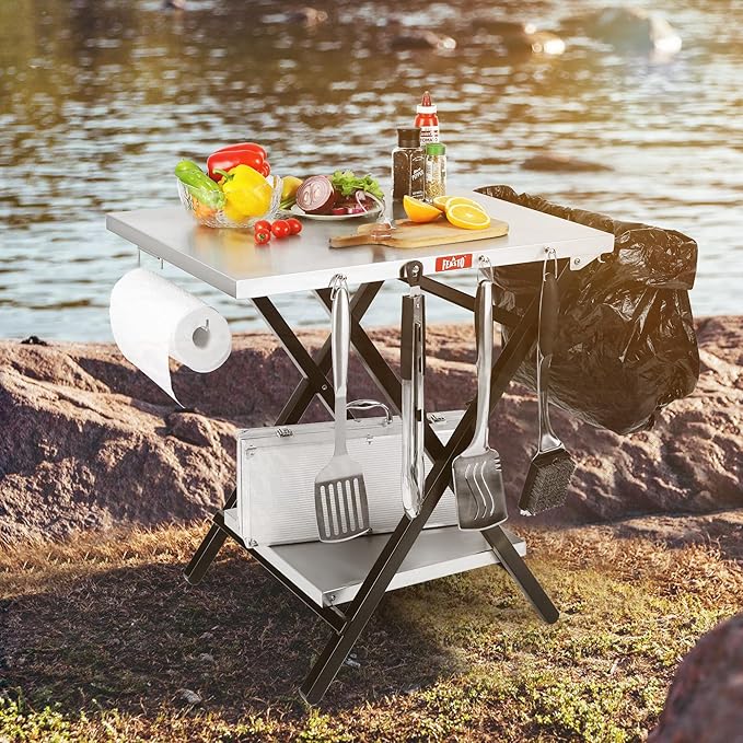 Foldable Grill Table with Extra Storage Bottom Shelf, Outdoor Indoor Foldable Outdoor Grill Stand Table with Garage Rack & Tissue Holder,Easy Set-up, 30" x 24", Silver