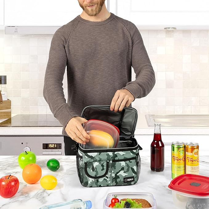 opux Insulated Lunch Bag for Men Women, Leakproof Camo Green Lunch Box for Work, Portable Soft Lunch Cooler Bag with Shoulder Strap, Adult Lunchbox Lunch Pail for Kid Boy Girl School, 14 Can/8L