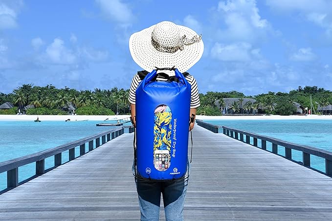 Waterproof Dry Bags Set of 3 - Dry Bag with 2 Zip Lock Seals, Waist Pouch & Phone Case - Can Be Submerged Into Water for Swimming, Kayak, Rafting & Boating (Window, Navy Blue, 35L)