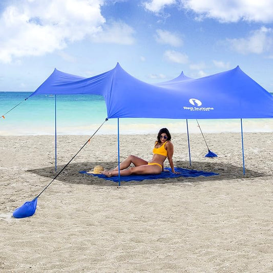 Red Suricata Family Beach Tent & Canopy, UPF50 Sun Shade, 4 Aluminum Poles, Sand Shovel, Large Portable Sun Shelter