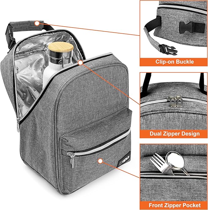 opux Lunch Box for Girls Boys Kids, Insulated Leakproof Lunch Bag, Reusable Teen Lunch Boxes for School, Medium Large lunchbox for Women Men Adult for Work with Front Back Pocket (Gray)