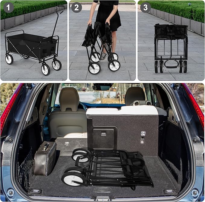 YSSOA Folding Garden Cart PRO, Collapsible Wagon with 360 Degree Swivel Wheels & Adjustable Handle, Black, 220lbs Weight Capacity
