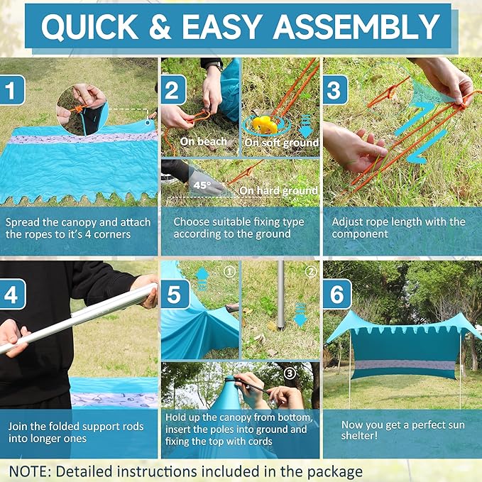 VILLEY Beach Tent Sun Shelter with UPF50+ Protection for 5 Person, 8x7FT Portable Sun Shade with 2 Stability Poles and 4 Sandbags, Outdoor Beach Canopy for Camping, Picnics, Fishing, Outdoors(Blue)