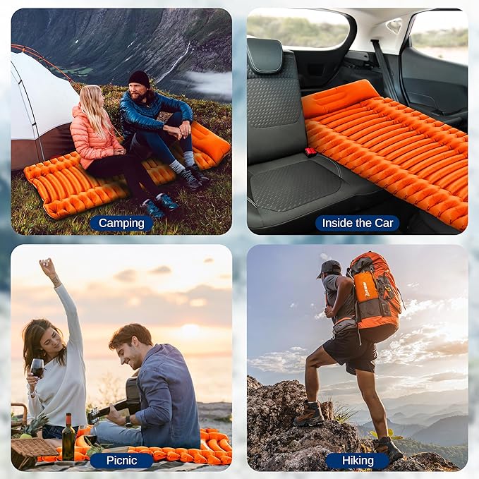 SereneLife Camping Mattress, 2.7" Backpacking Inflatable Air Mattress for Camping, Waterproof Lightweight Sleeping Mat with Carry Bag, Tear-Resistant Nylon for Hiking, Travel, Outdoor, Orange