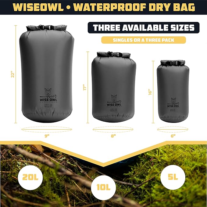 Wise Owl Outfitters Waterproof Dry Bag - Fully Submersible 1pk or 3pk Ultra Lightweight Airtight Waterproof Bags - 5L, 10L and 20L Sizes - Diamond Ripstop Roll Top Drybags