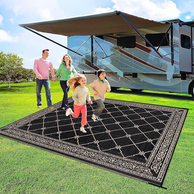 Outdoor Rug 8'x10' for Patios Waterproof Patio Rugs Outdoor Mats for Front Porch,Beach Mat,Reversible Plastic Straw Camping Rugs for Outside RV,Deck,Balcony,Backyard，Black&Beige